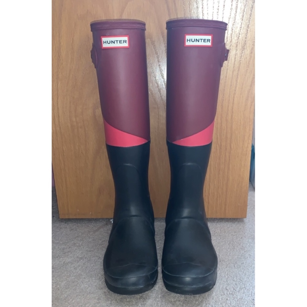 Black and pink tall hunter boots size 8